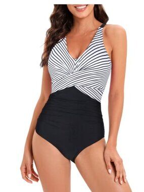 Zando Brand Women's XXL Black & White Striped One Piece Swimsuit NWOT V Neck